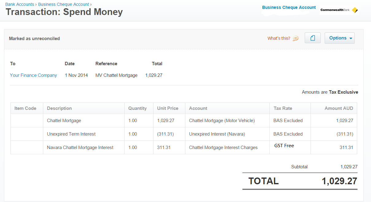 The bookkeeping behind an asset purchase via a Chattel Mortgage — eBAS